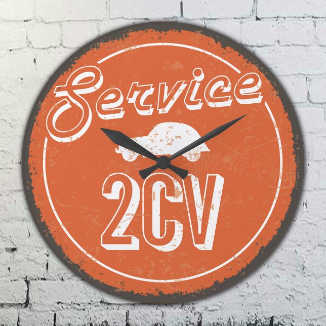 Grande Horloge Ronde 2CV Vintage (2CV Clock in Orange with a White Vintage Text and Deux Chevaux Illustration)