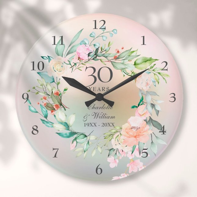 Grande Horloge Ronde 30e anniversaire de Mariage Roses Floral Pearl (Créateur téléchargé)