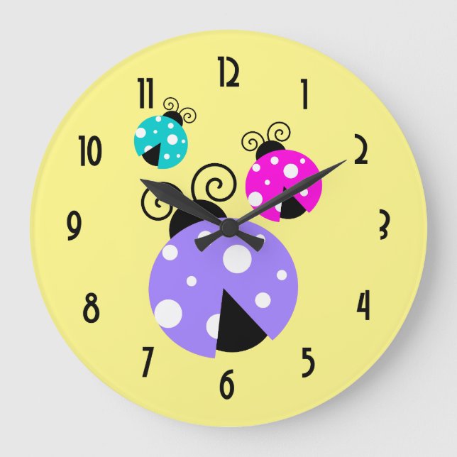 Grande Horloge Ronde 3 coccinelles en rose et bleu violet (Recto)