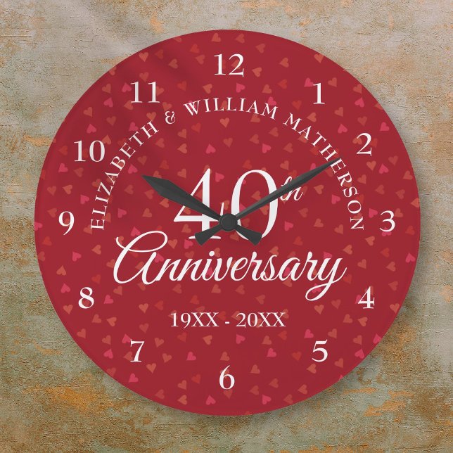 Grande Horloge Ronde 40e Anniversary Ruby Hearts (40th Wedding Anniversary Ruby Hearts Large Clock)