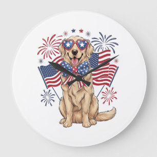 Grande Horloge Ronde 4 juillet Chien Patriotique Doré