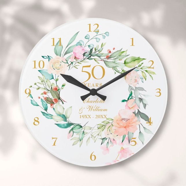 Grande Horloge Ronde 50e anniversaire Mariage d'or Rose Floral (50th Golden Wedding Anniversary Roses Floral Large Clock)