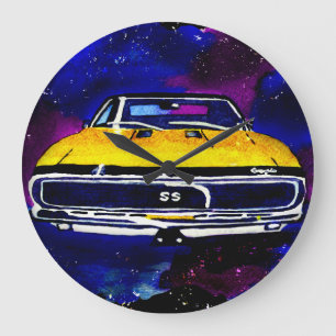 Grande Horloge Ronde "67 Chevy Camaro SS" Aquarelle Carré