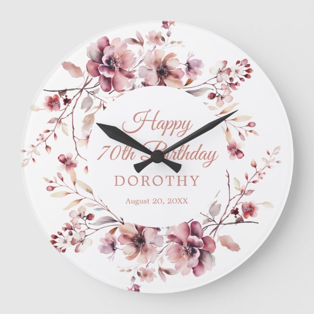 Grande Horloge Ronde 70e anniversaire Cadeau Bourgogne rose floral (Recto)