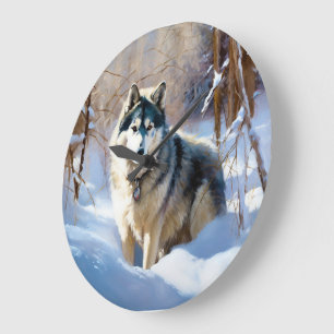Grande Horloge Ronde Aaskan Malamute Qu'il neige Noël
