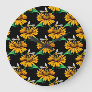 Grande Horloge Ronde Abeille sur Tournesol Fleur Motif Design Noir