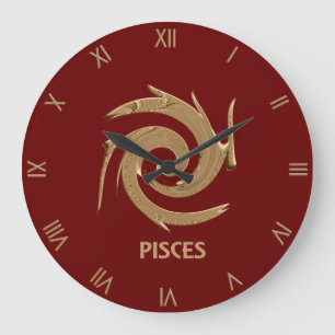 Grande Horloge Ronde Abstract Pisces Red Zodiac Symbol Wall Clock