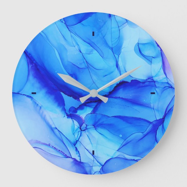 Grande Horloge Ronde Abstrait Bleu Unique Art d'Encre d'Alcool (Recto)
