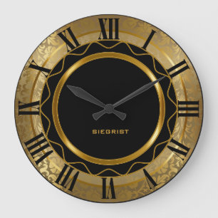 Grande Horloge Ronde Abstrait noir et or Damask