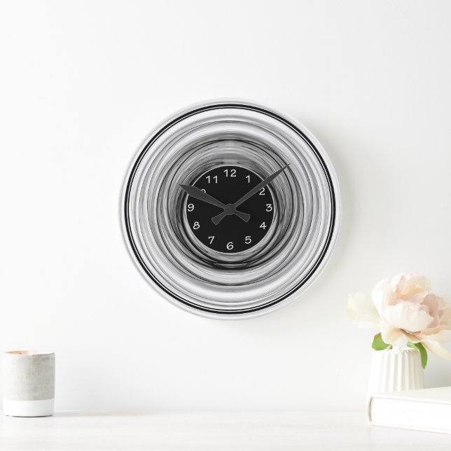 Grande Horloge Ronde Abstrait Ombre moderne Black White Spirales (Maison)