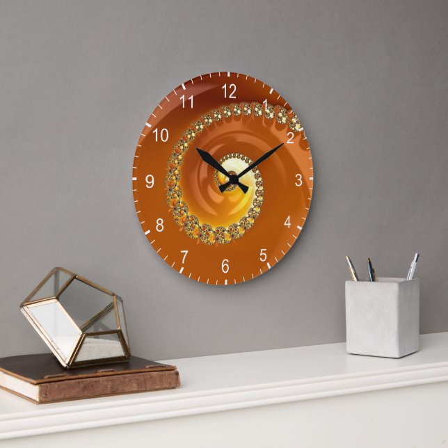 Grande Horloge Ronde Abstrait Or Orange Dégradé Spiral Fractal Grand (Bureau)