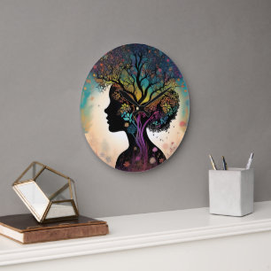 Grande Horloge Ronde Abstraite Dame Mère Nature Arbres Et Fleurs,