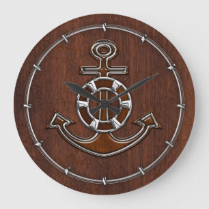 Grande Horloge Ronde Acier d'acajou nautique humide d'Ancre