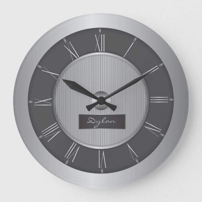 Grande Horloge Ronde Acier de gris noir et argenté (Recto)