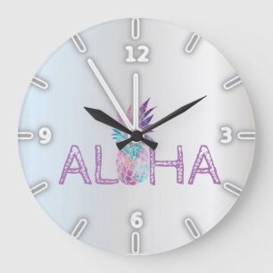 Grande Horloge Ronde Adorable Aloha Hawaïen Ananas, Argent
