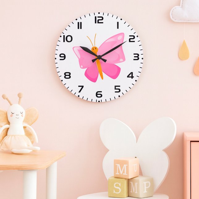Grande Horloge Ronde adorable Papillon de dessin rose (Créateur téléchargé)