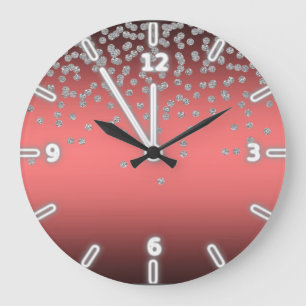 Grande Horloge Ronde Adorable Rouge Corail Brillant Feuille Confetti ou