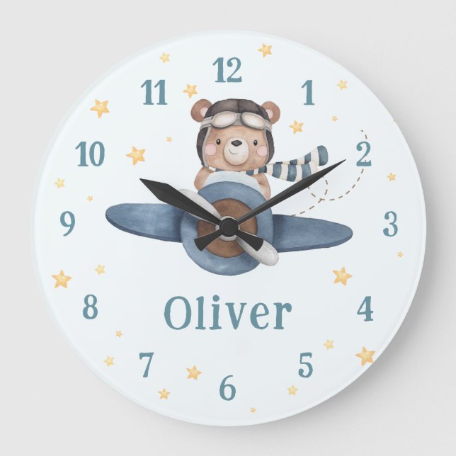 Grande Horloge Ronde Adventure Aviation Cute Bear Blue Plane (Recto)