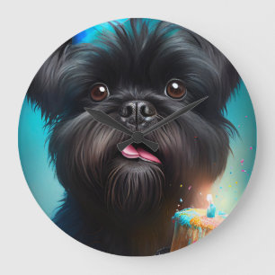 Grande Horloge Ronde Affenpinscher célébrant gâteau de ballons d'annive