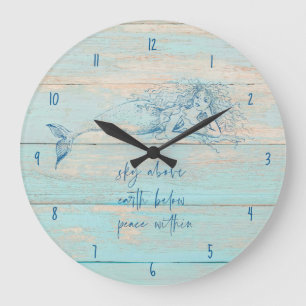 Grande Horloge Ronde Affirmation de sirène Plage rustique Bois Côte