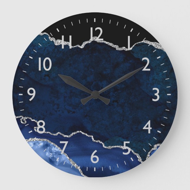 Grande Horloge Ronde Agate de marbre bleu marine et argenté (Recto)