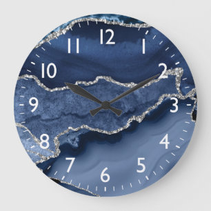 Grande Horloge Ronde Agate Marbré Bleu et Faux Argent Pailleté