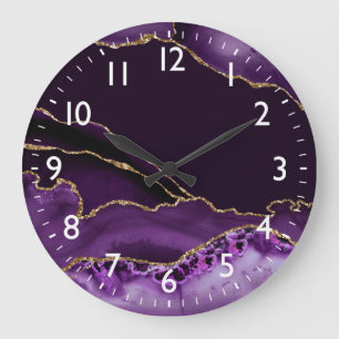 Grande Horloge Ronde Agate Marbré Faux Argent et Violet