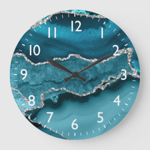 Grande Horloge Ronde Agate Marbrée Pailletée Sarcelle et Faux Argent