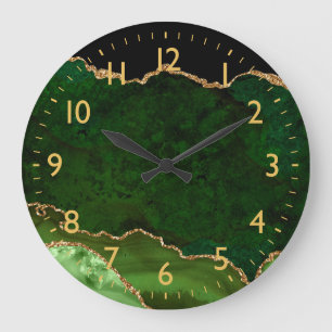 Grande Horloge Ronde Agate Marbrée Verte et Dorée