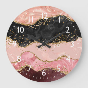 Grande Horloge Ronde Agate sequins noir et rose