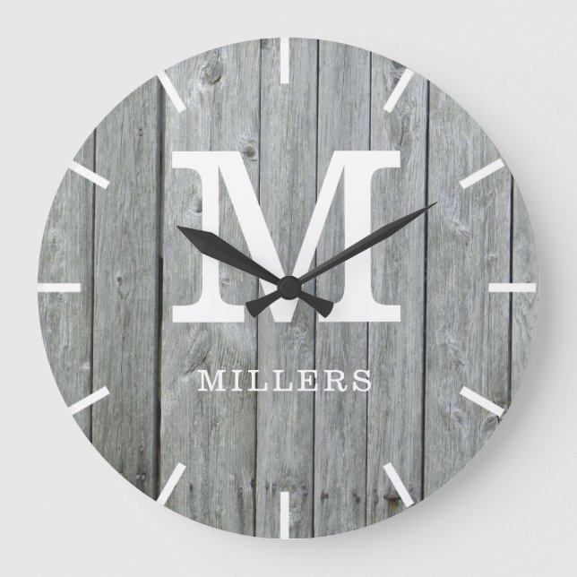 Grande Horloge Ronde Agritourisme rustique en bois gris Nom du monogram (Recto)