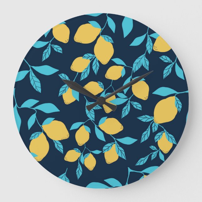 Grande Horloge Ronde Agrumes simples : citrons sur le bleu. (Recto)