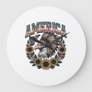 Grande Horloge Ronde Aigle Patriotique Fleur de Tournesol Vintage Améri