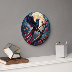 Grande Horloge Ronde Aile cramoisie au clair de lune – Oiseau de fantai