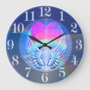 Grande Horloge Ronde Ailes d'ange enroulées autour d'un coeur