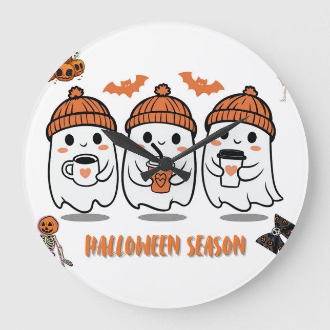 Grande Horloge Ronde aison Halloween – fantômes café mignons (Recto)
