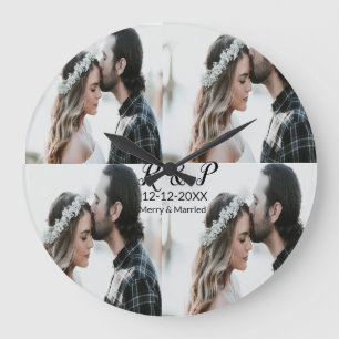Grande Horloge Ronde Ajouter couple photo merisier marié ajouter date a