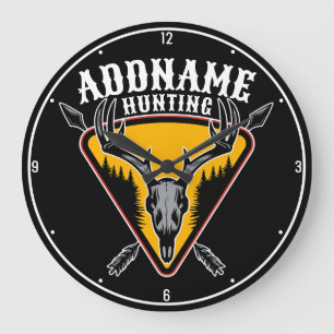 Grande Horloge Ronde AJOUTER NOM Hunter Elk Crâne Gros Antlers Chasse a