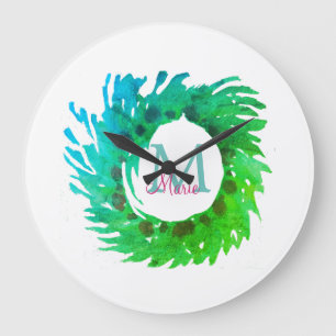 Grande Horloge Ronde Ajouter une couronne de Noël vert rose monogramme
