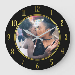 Grande Horloge Ronde Ajouter votre photo personnalisée   Gold Black Ele