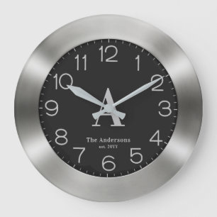 Grande Horloge Ronde Ajouter votre propre Monogramme Noir & Argent Nom 