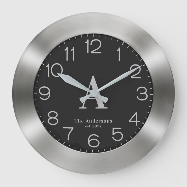 Grande Horloge Ronde Ajouter votre propre Monogramme Noir & Argent Nom  (Recto)