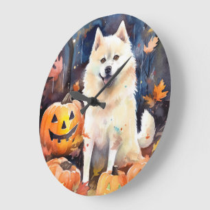 Grande Horloge Ronde Akita Américain Halloween avec citrouilles effraya