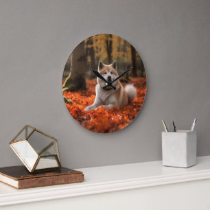 Grande Horloge Ronde Akita dans les feuilles d'automne qui tombent