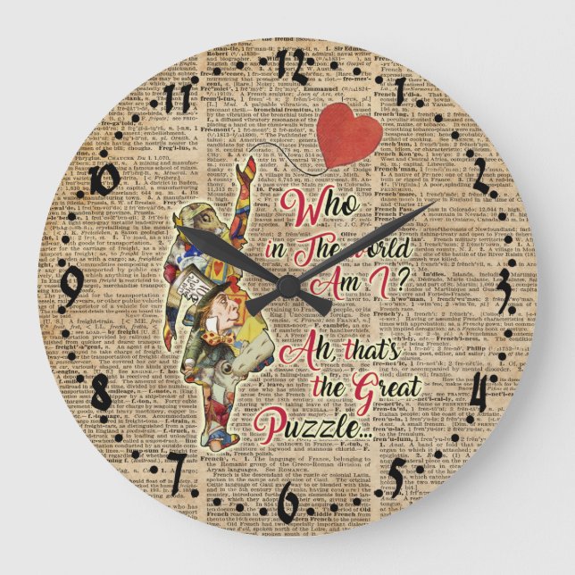 Grande Horloge Ronde Alice, citation vintage de collage de &Rabbit fou (Recto)