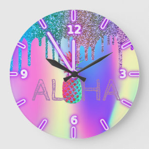 Grande Horloge Ronde Aloha Ananas Hawaïen Paillettes Holographiques Gou