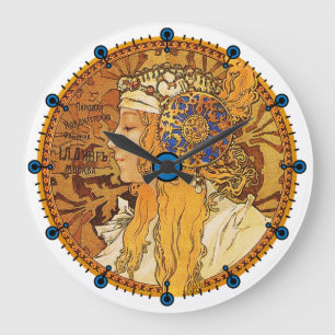 Grande Horloge Ronde Alpha Mucha Art Nouveau Clock
