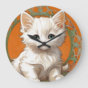Grande Horloge Ronde Alphonse Mucha Art Nouveau Kitten blanc