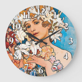 Grande Horloge Ronde Alphonse Mucha - Fleur - Art Nouveau Rétro