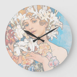 Grande Horloge Ronde Alphonse Mucha - Fleur - Art Nouveau Rétro